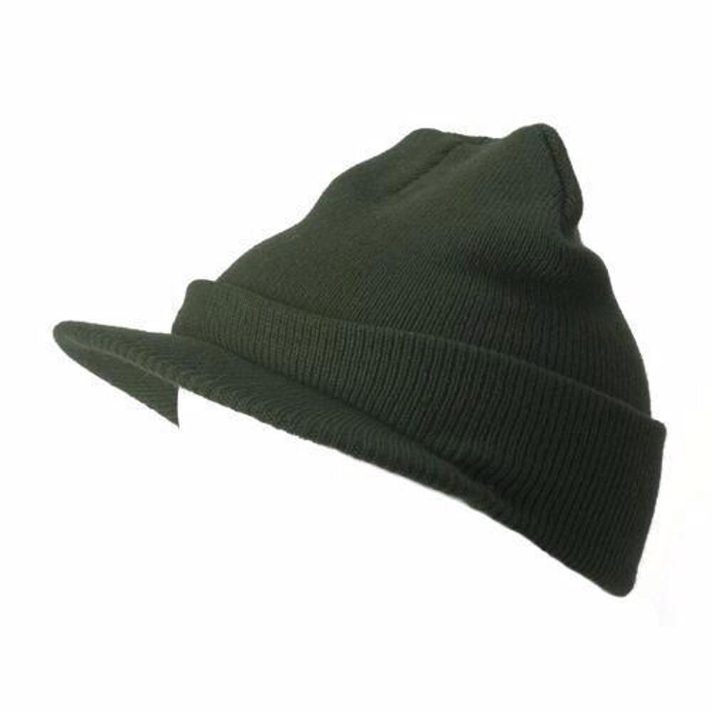 Olive Green Plain Visor Beanie Knit Ski Hat Warm Solid Color Cuff NEW Magic